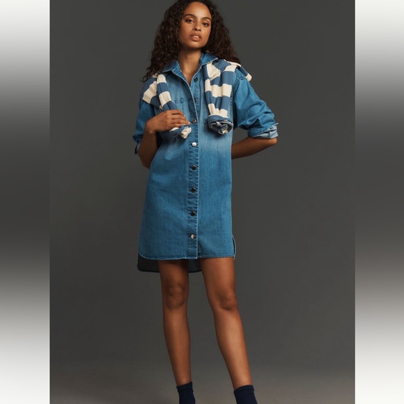 NWT Anthropologie Porridge Long Sleeve Collared Denim Mini Shirt Dress - Picture 2 of 13